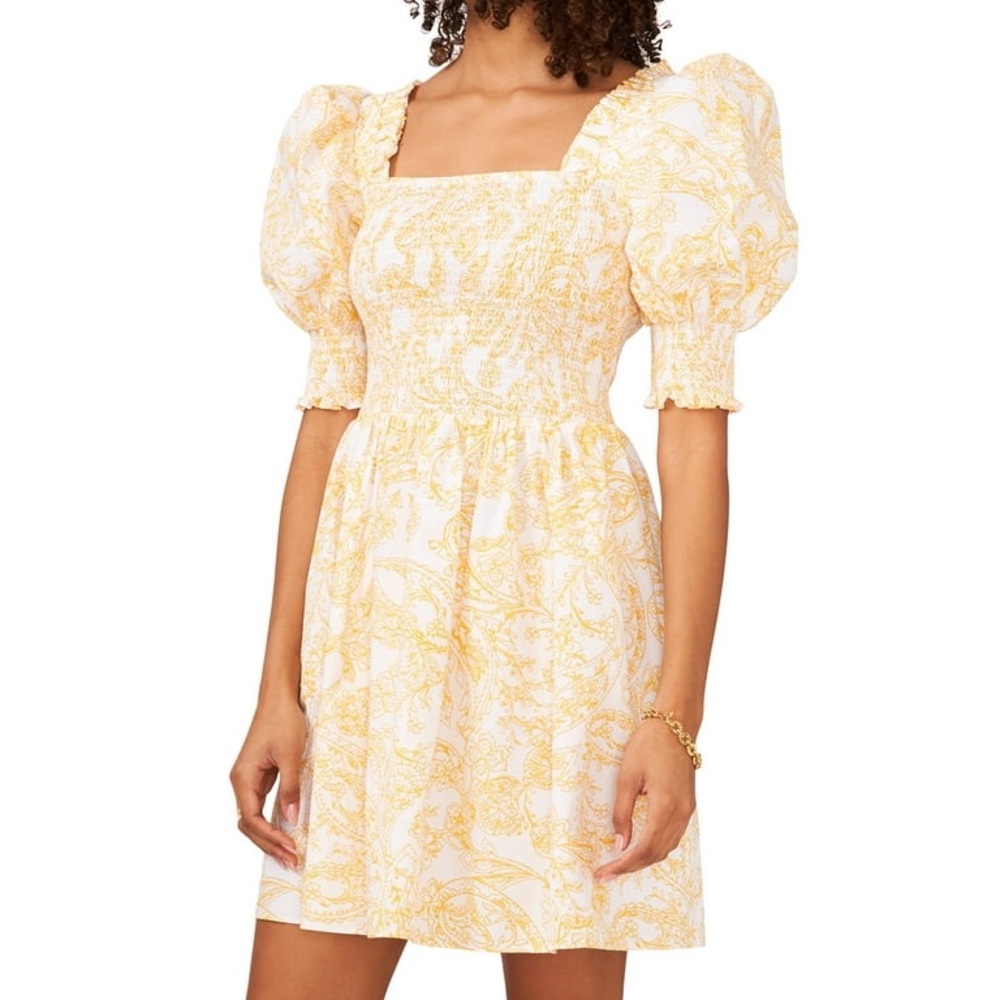 1. State Yellow Puff Sleeve Square Neck Mini Dress